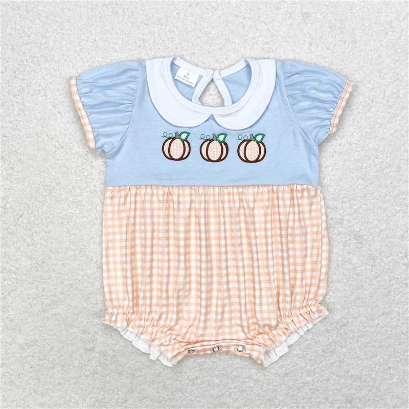 SR1710 Embroidered pumpkin doll collar orange plaid blue short-sleeved jumpsuit