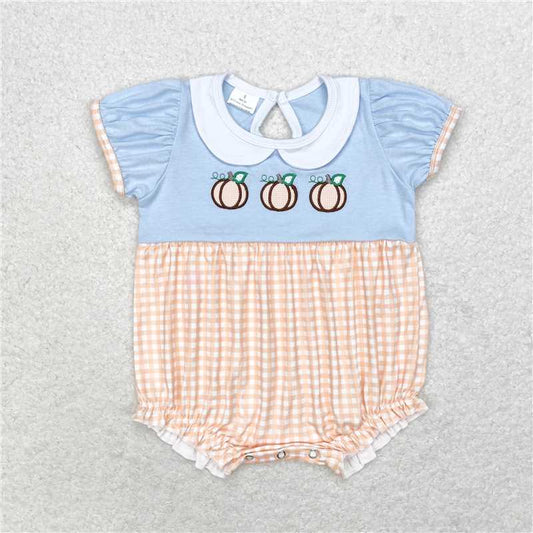 SR1710 Embroidered pumpkin doll collar orange plaid blue short-sleeved jumpsuit