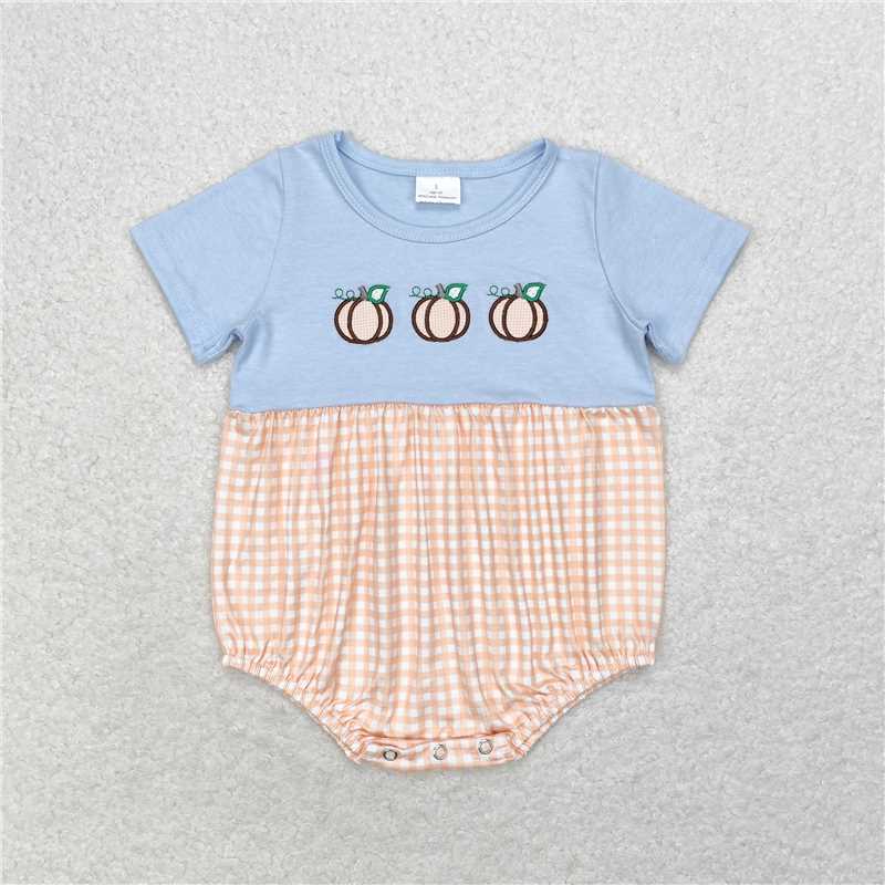 SR1711 Embroidered pumpkin orange plaid blue short-sleeved jumpsuit