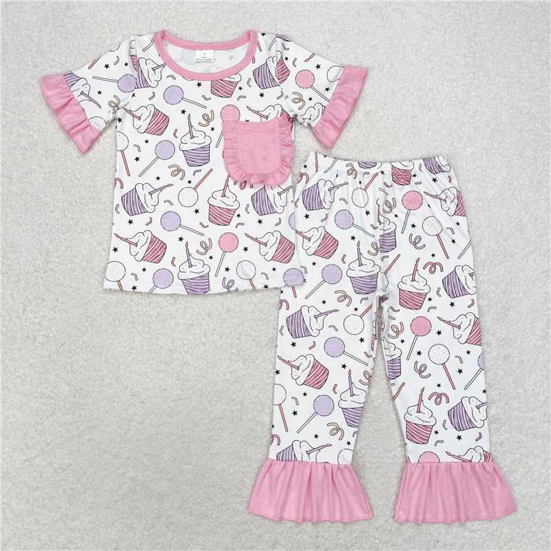 GSPO1575 Birthday candle cake pink lace pocket short-sleeved long pants pajamas set