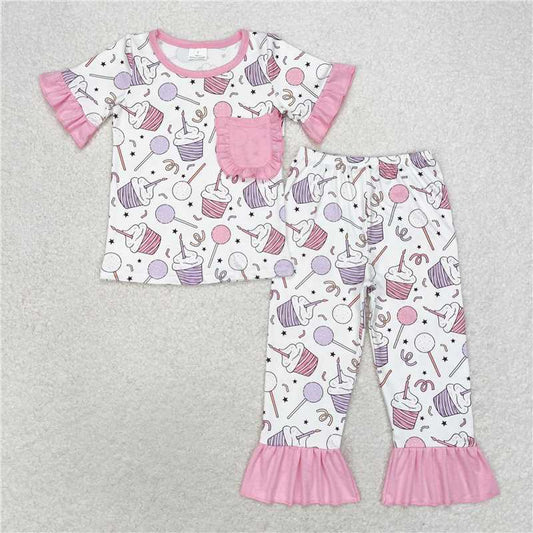 GSPO1575 Birthday candle cake pink lace pocket short-sleeved long pants pajamas set