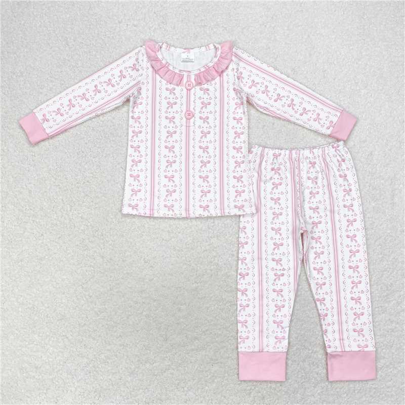 GLP1212 Pink lace long-sleeved trousers pajamas set with bow pattern