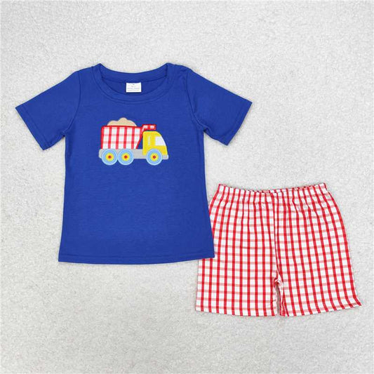 BSSO0857 Embroidered sand transport truck navy blue short-sleeved red plaid shorts suit