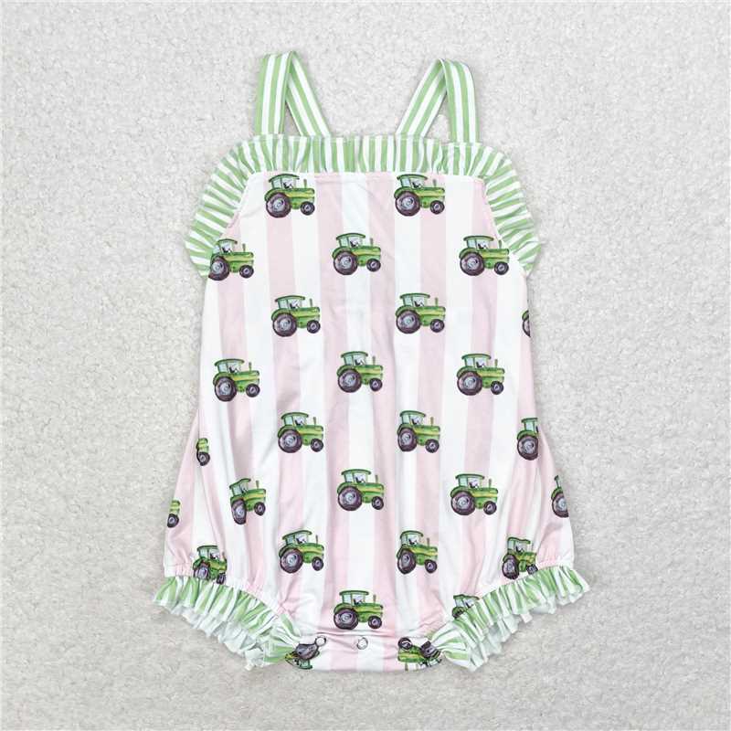 SR1543 Farm tractor pink stripe green lace vest jumpsuit