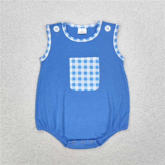 SR1537 Plaid pocket royal blue vest jumpsuit