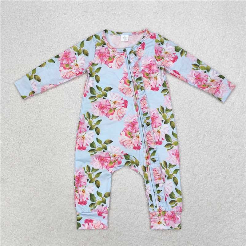 LR0880 Moda Pink Floral Blue Floral Border Pullover Long Sleeve Jumpsuit