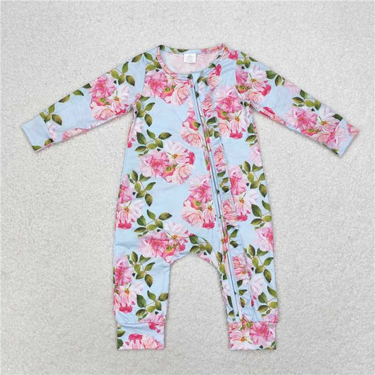 LR0880 Moda Pink Floral Blue Floral Border Pullover Long Sleeve Jumpsuit