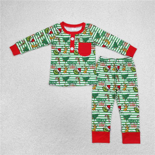 BLP0507 Grinch Puppy Christmas Tree Red Pocket Green Stripe Long Sleeve Long Pants Pajama Set