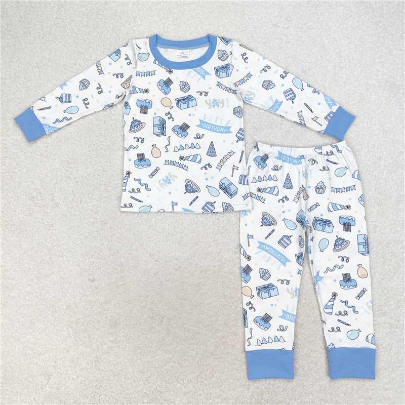 BLP0470 happy birthday birthday cake blue and white long sleeve pants pajama set