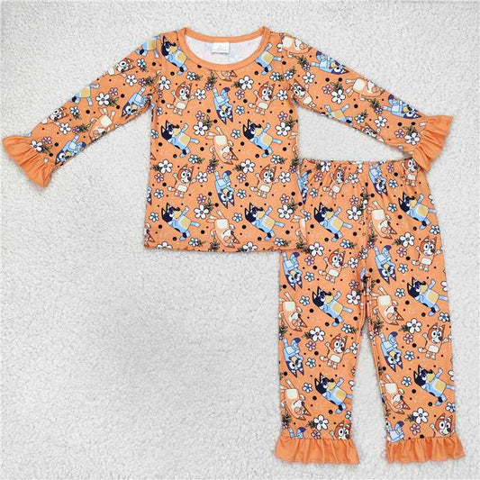 GLP1184 Bluey Floral Orange Flower Border Long Sleeve Pants Pajama Set