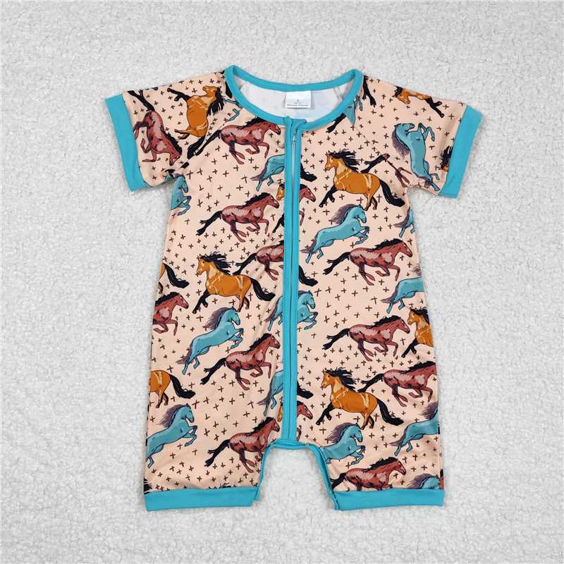 SR0934 Horse Star Beige Zipper Short Sleeve Bodysuit