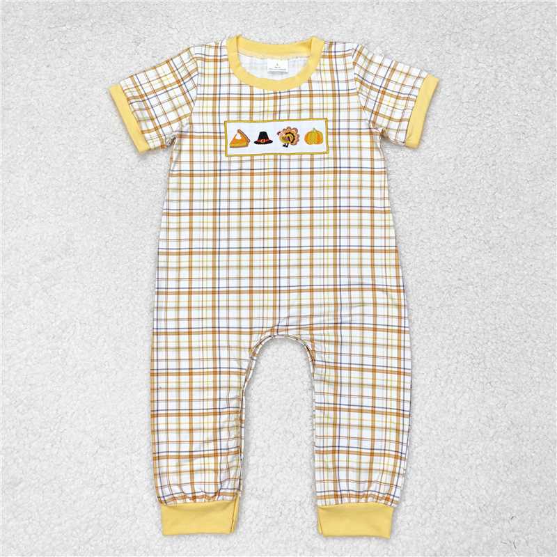 SR1869 Embroidered Boys Hat Turkey Pumpkin Orange Plaid Short Sleeve Bodysuit