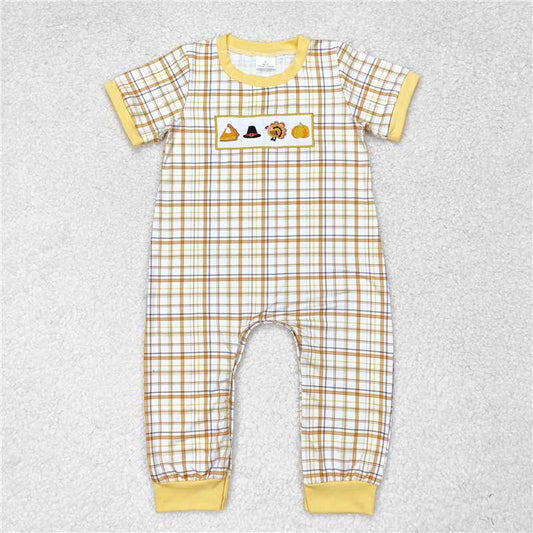 SR1869 Embroidered Boys Hat Turkey Pumpkin Orange Plaid Short Sleeve Bodysuit