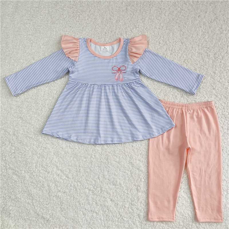 GLP1194 Embroidered ballet shoes blue striped long sleeve pink trousers set