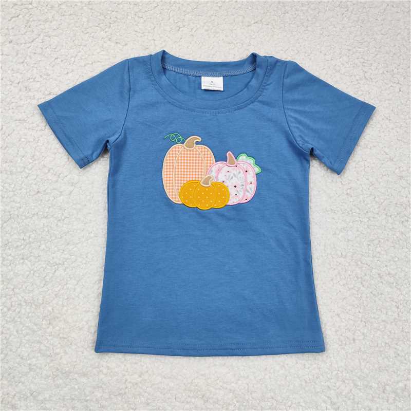 BT0675 Embroidered plaid pumpkin blue short-sleeved top