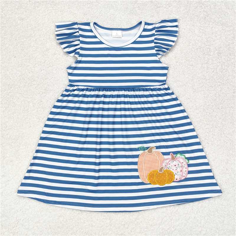 GSD1254 Embroidered flower pumpkin blue striped flying sleeve dress