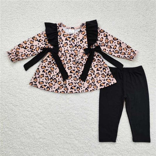 GLP1238 Leopard print black bow long sleeve trousers suit