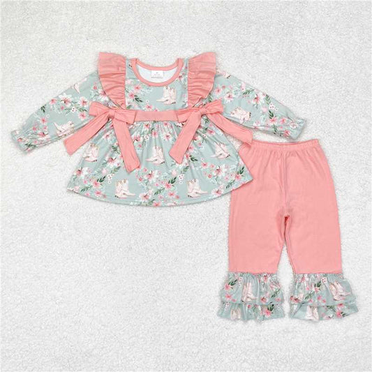 GLP1309 Flower pink lace bow green long-sleeved trousers suit