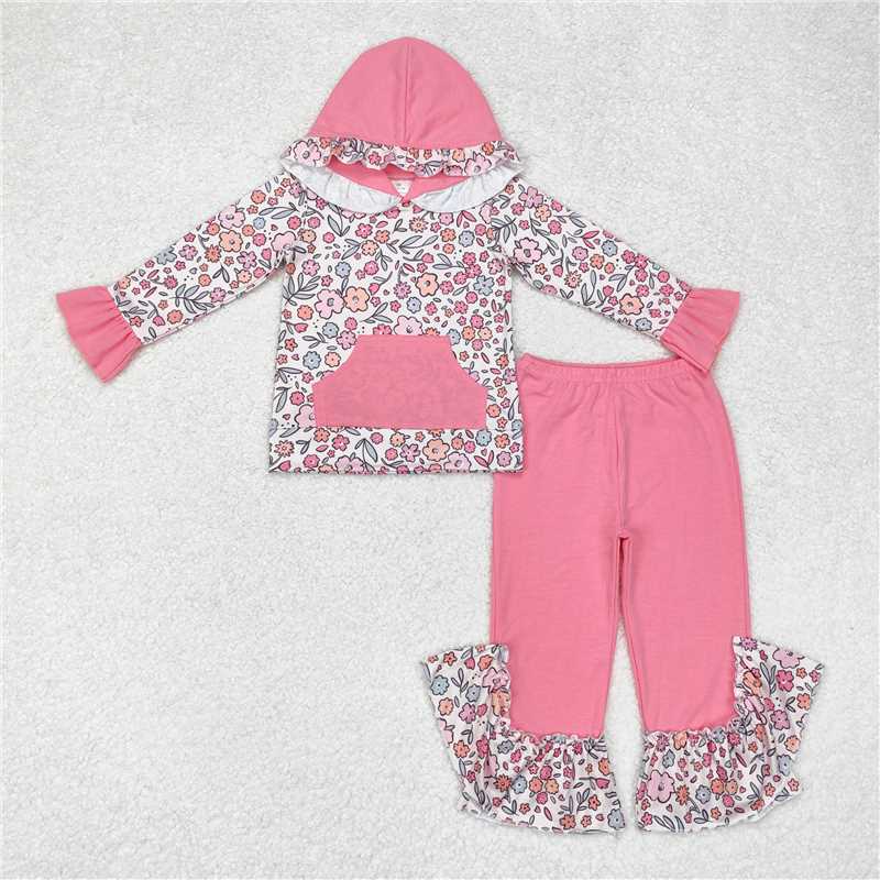 GLP1285 Flower pink lace hooded long-sleeved trousers set