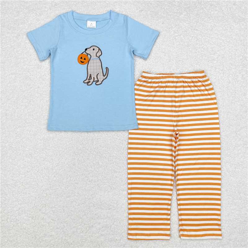 BSPO0391 Embroidered pumpkin puppy blue short-sleeved orange striped trousers suit