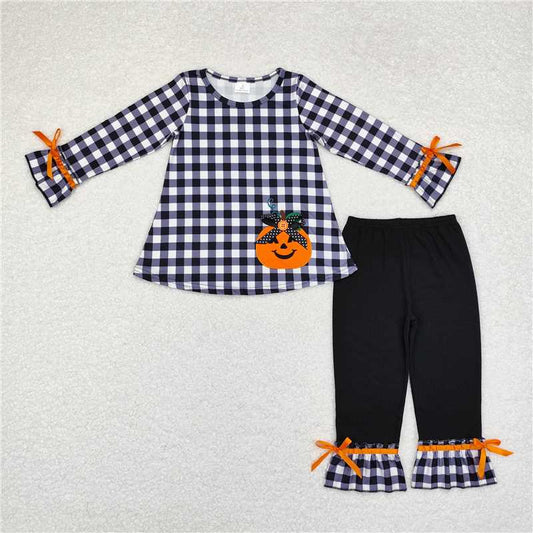 7.24 GLP1674 Embroidered pumpkin pattern black and white plaid bow long sleeve trousers suit