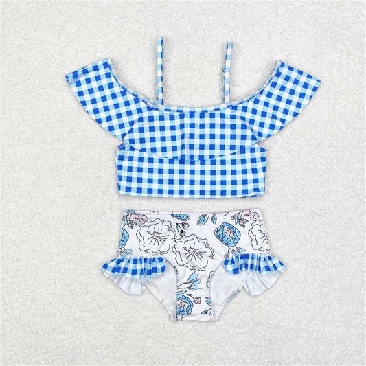 S0254 Blue plaid lace flower white swimsuit set