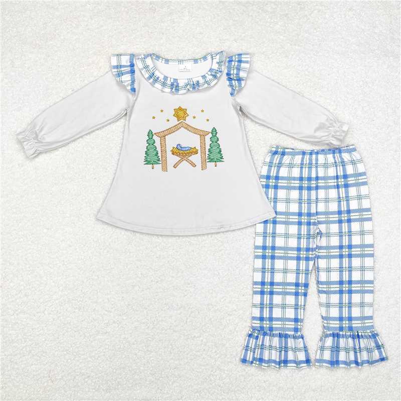 GLP1381 Christmas Tree Jesus Light Grey Long Sleeve Blue Plaid Lace Pants