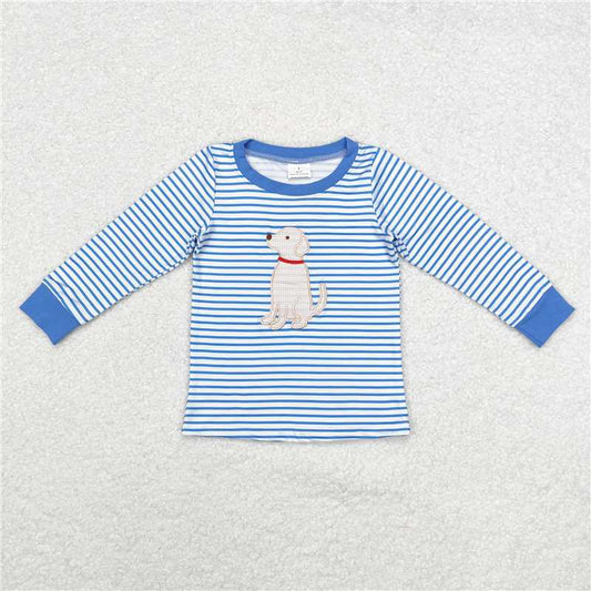 BT0808 Embroidered blue and white long-sleeved top with puppy stripes