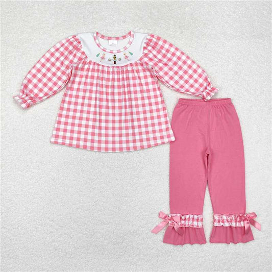 GLP1306 Embroidered Christmas Nutcracker Pink Plaid Long Sleeve Pants Set