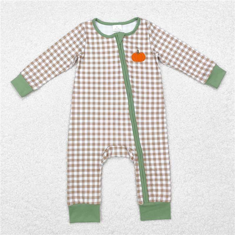 LR1254 Embroidered Pumpkin Khaki Plaid Zipper Long Sleeve Bodysuit