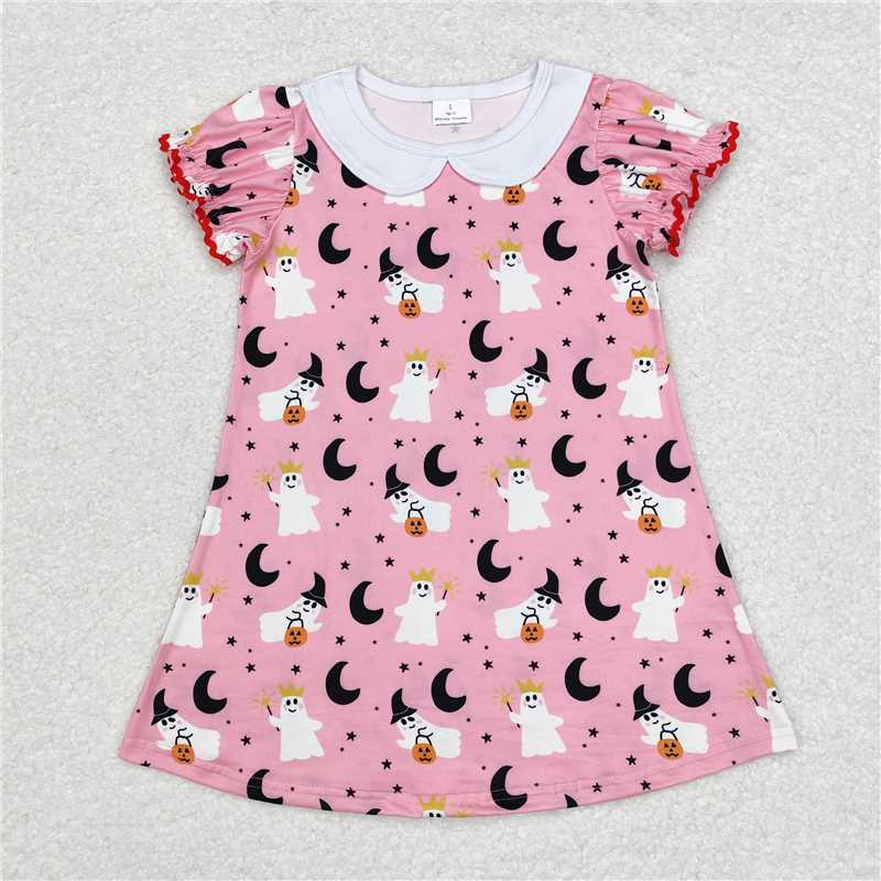 GSD1400 Pink short-sleeved dress with ghost moon and stars and doll collar