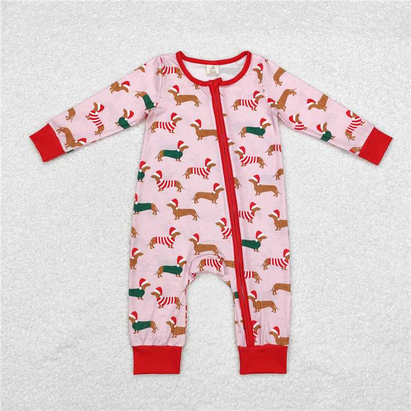 LR1081 Modal Christmas hat puppy pink zipper long sleeve jumpsuit