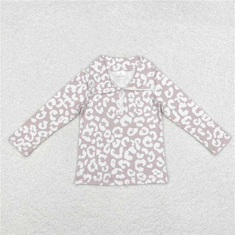 GT0720 Pink and white printed zipper long-sleeved top