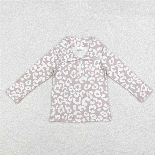 GT0720 Pink and white printed zipper long-sleeved top