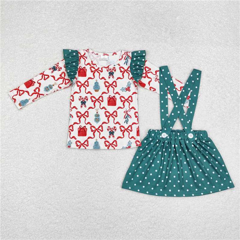 GLD0617 Christmas bow cane pattern polka dot green lace long-sleeved suspender skirt suit