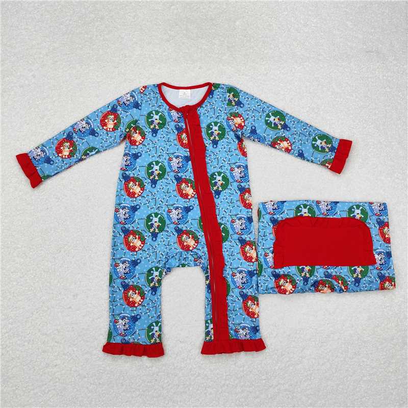 LR1314 bluey Christmas lights lace red and blue zipper long-sleeved jumpsuit