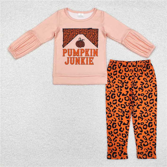 GLP1707 PUMPKIN JUNKIE Orange long-sleeved top and leopard print pants set