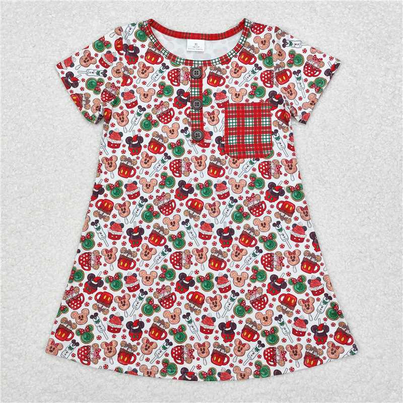 GSD1403 Christmas Mickey cup plaid pocket white short-sleeved dress