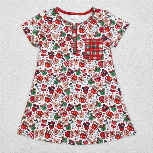 GSD1403 Christmas Mickey cup plaid pocket white short-sleeved dress