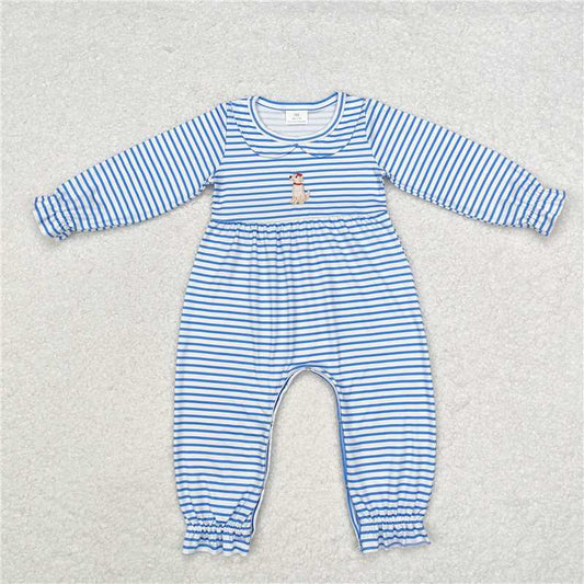 LR1448 Embroidered girl's puppy striped doll collar blue and white long-sleeved jumpsuit