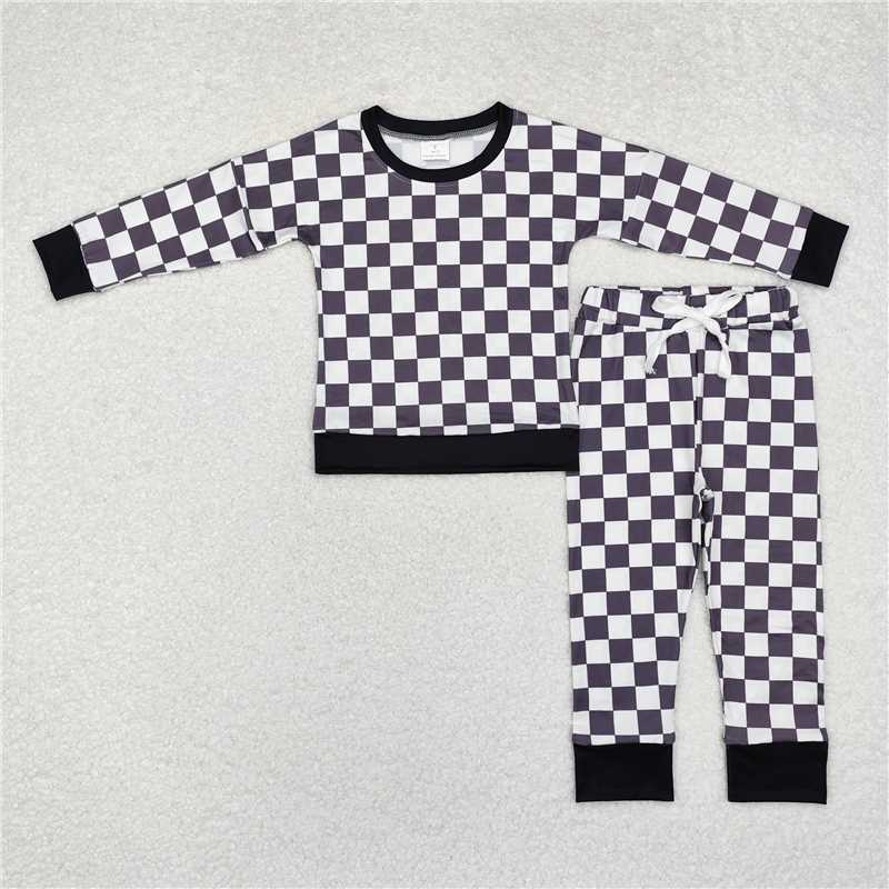 BLP0786 Black and white plaid long-sleeved trousers pajama set