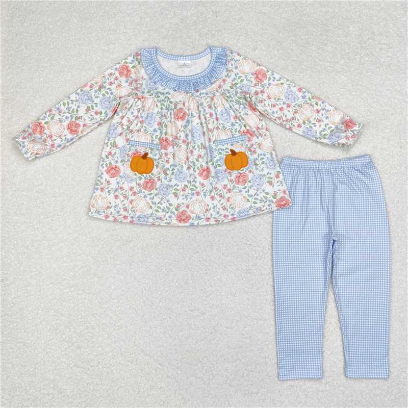 GLP1767 Flower pumpkin pocket blue plaid lace long sleeve trousers suit