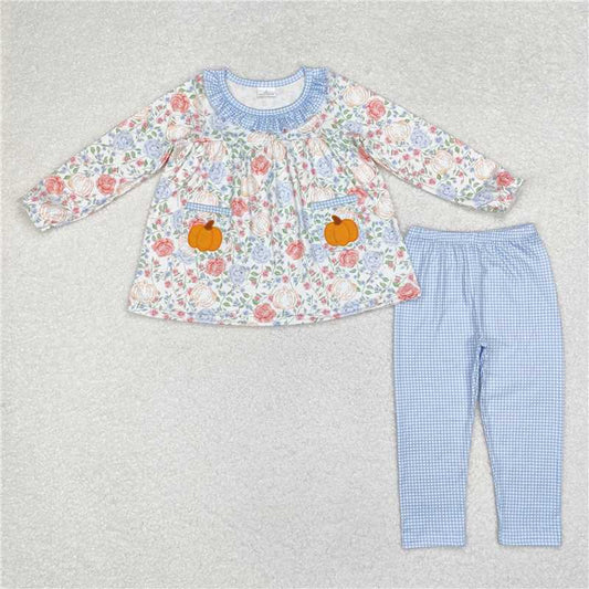 GLP1767 Flower pumpkin pocket blue plaid lace long sleeve trousers suit