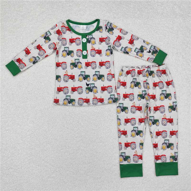 BLP0725 Modal tractor stripe green hemmed long sleeve long pants pajama set