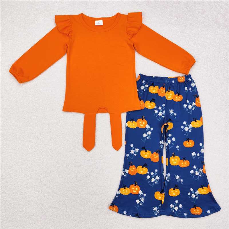 GLP1719 Solid orange lace long sleeve flower Halloween pumpkin blue trousers suit