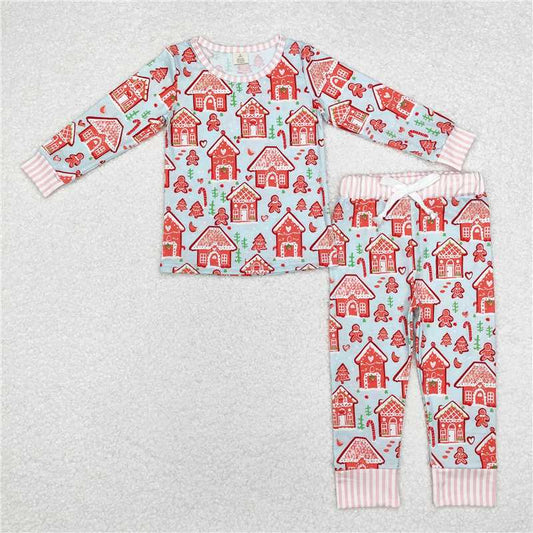 GLP1582 Modal Christmas tree house gingerbread man blue long-sleeved long pants pajamas set