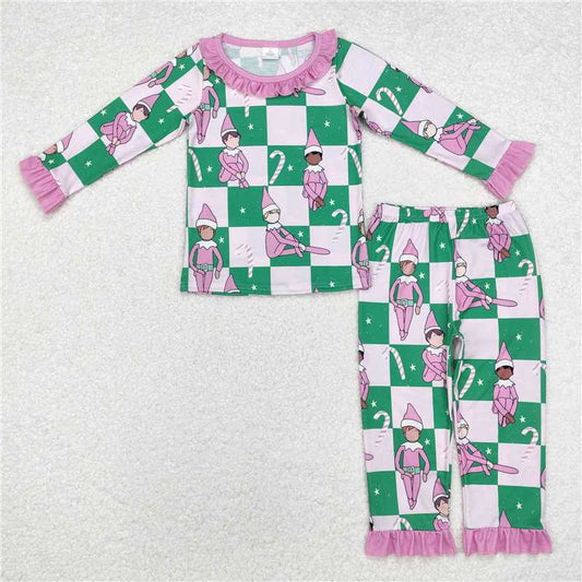 GLP1843 Modal Christmas elf cane lace green and pink plaid long-sleeved trousers pajamas set