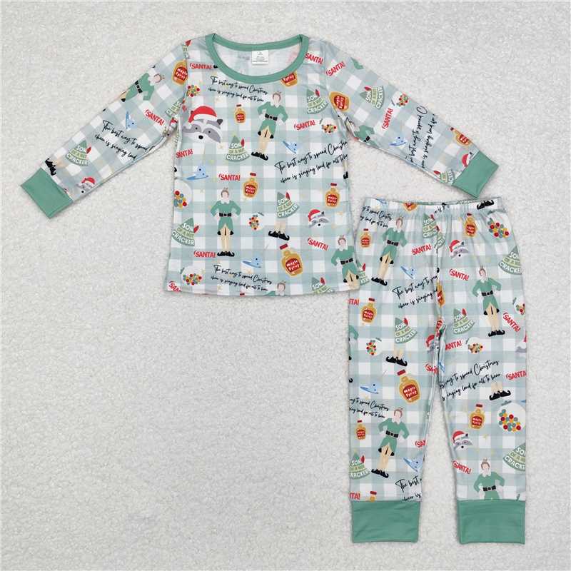 BLP0804 Modal Christmas Elf Green Plaid Long Sleeve Long Pants Pajama Set