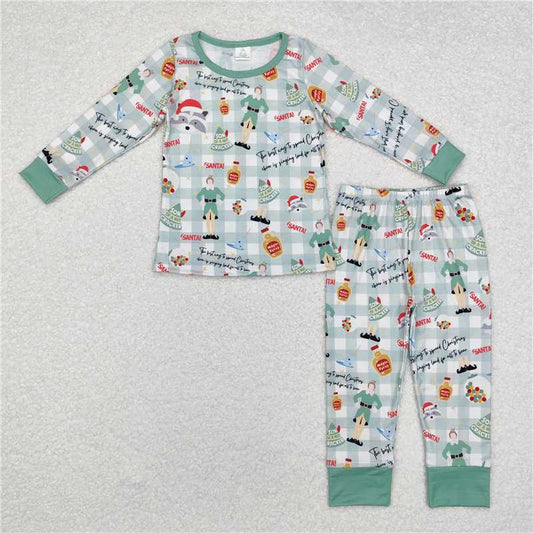 BLP0804 Modal Christmas Elf Green Plaid Long Sleeve Long Pants Pajama Set