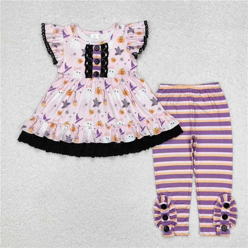 GSPO1668 Smiley face pumpkin bat lace pink and purple flying sleeve striped trousers suit